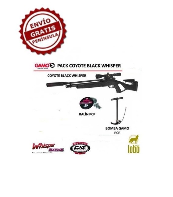 PACK CARABINA GAMO COYOTE BLACK WHISPER+VISOR 3-9x40+BOMBA GAMO PCP+1 CAJA DE BALINES+25 DIANAS