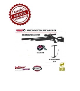 PACK CARABINA GAMO COYOTE BLACK WHISPER C/4,5+VISOR 3-9x40+BOMBA GAMO PCP+1 CAJA DE BALINES+25 DIANAS